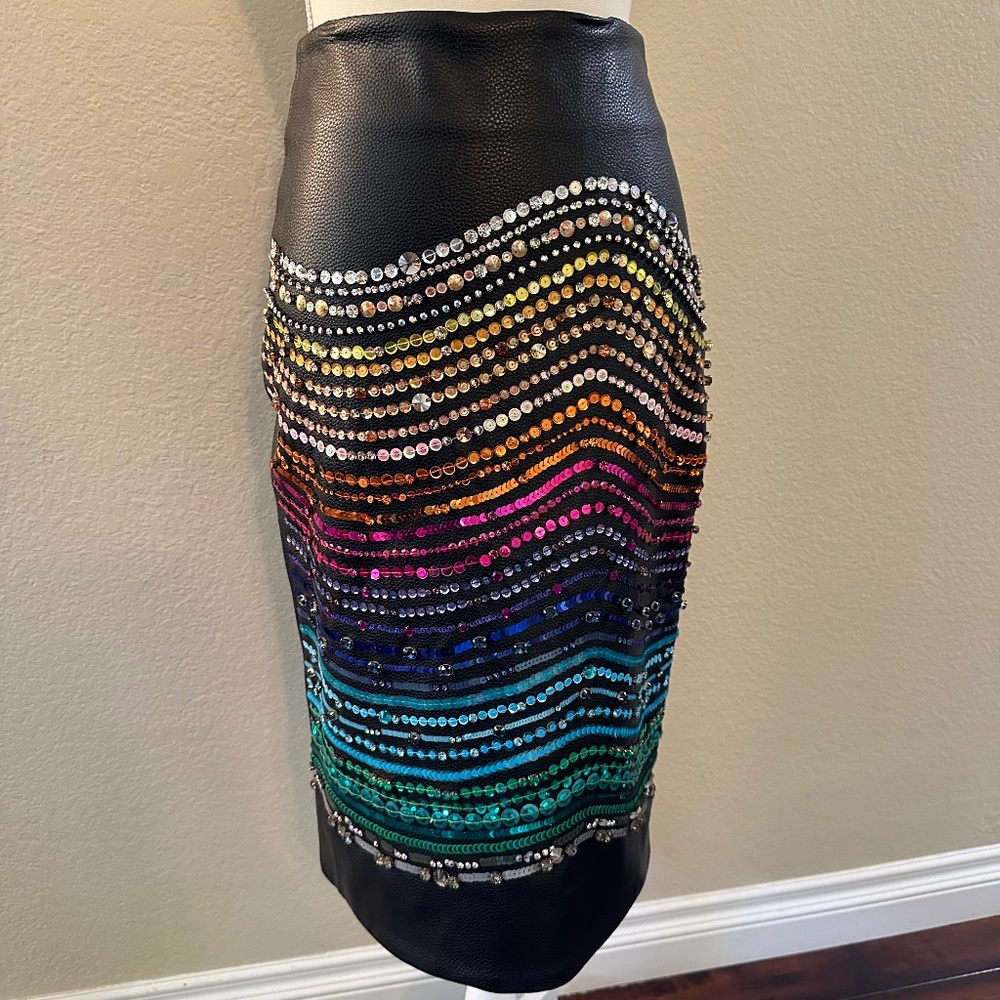 NWT Romance Was Born Crystal Magnetic Rays Leather Pencil Skirt Size 4 BLACK MUL